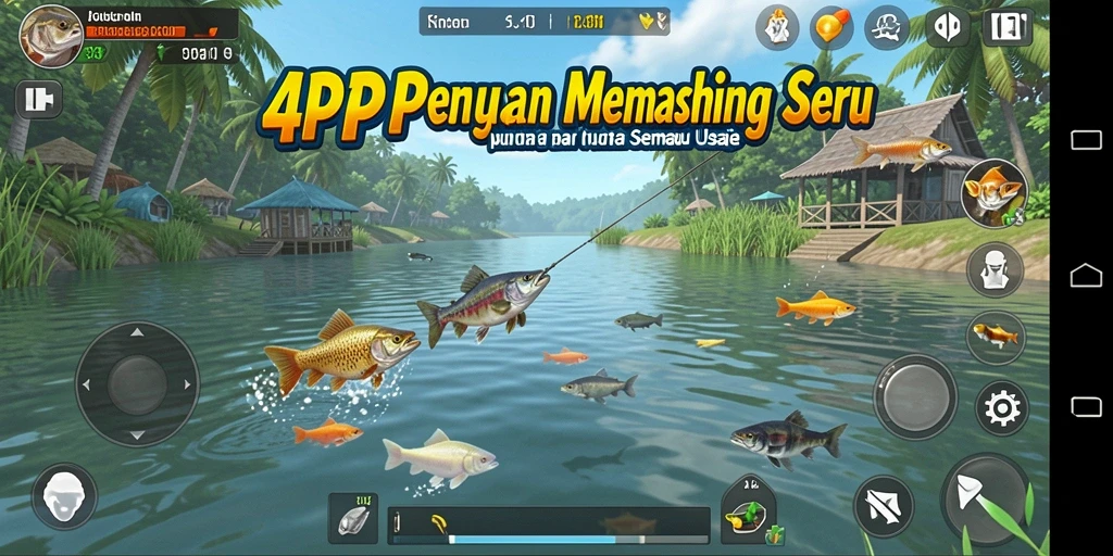 Tampilan gameplay 4P4P dengan aktivitas memancing yang seru.
