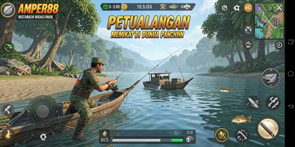 Screenshot gameplay AMPER88 menampilkan aksi memancing yang mendebarkan.