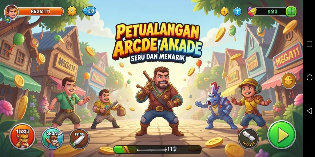 Screenshot utama gameplay MEGA111 menunjukkan aksi seru di level Arcade.