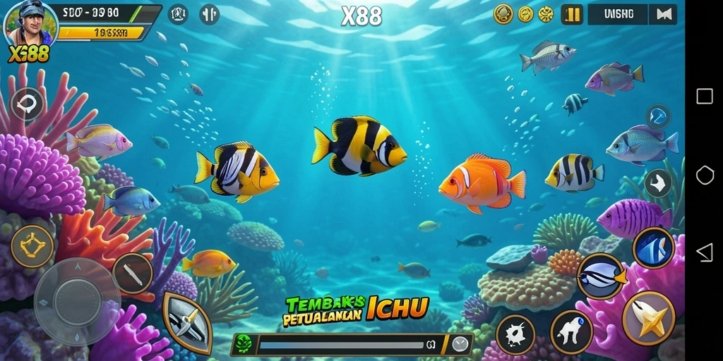 Tampilan gameplay seru dalam X88, menembak ikan dengan grafis menakjubkan.
